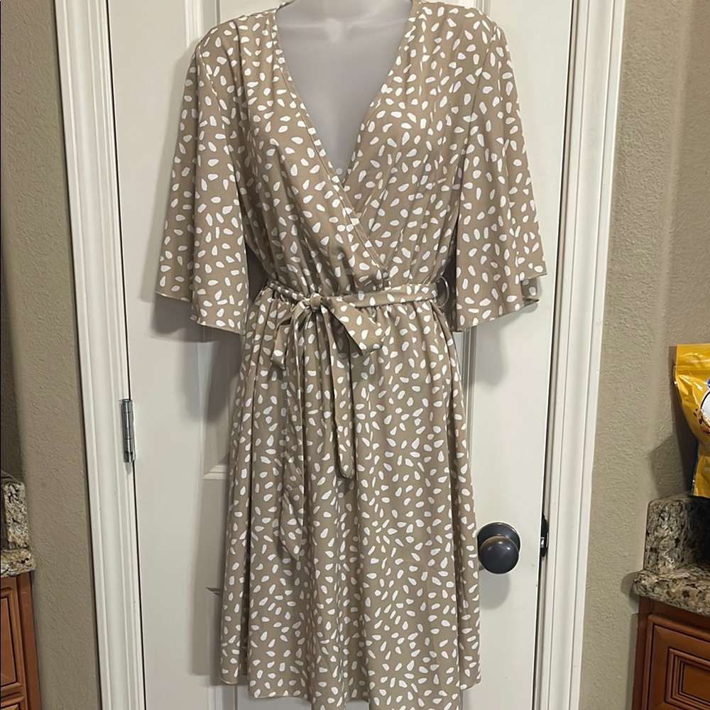 Beige and white polka dot faux wrap dress size L